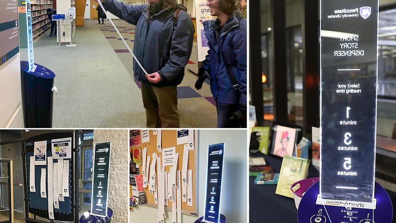 photo collage of four images showing tall slender machines that print short stories on thin strips of paper